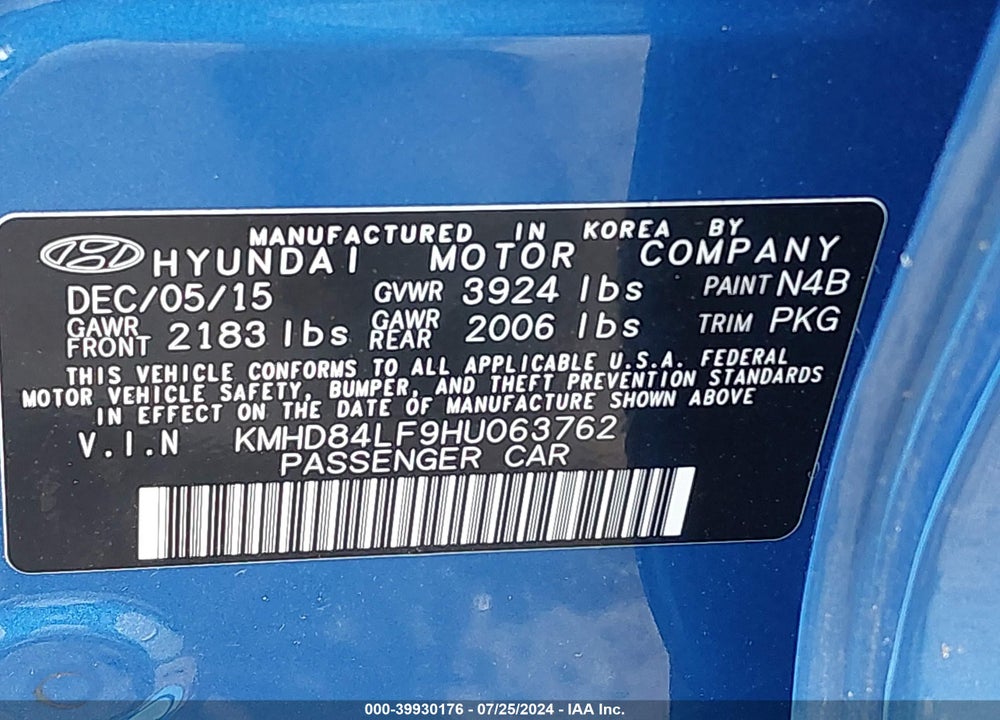 2017 HYUNDAI ELANTRA SE VIN: KMHD84LF9HU063762