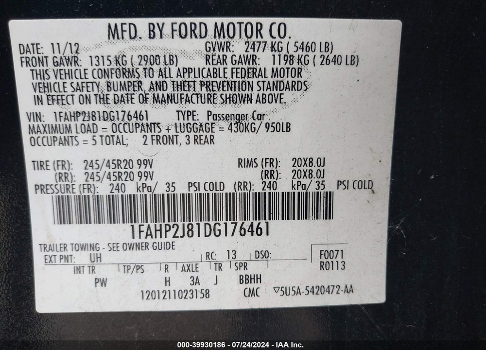 2013 FORD TAURUS LIMITED VIN: 1FAHP2J81DG176461