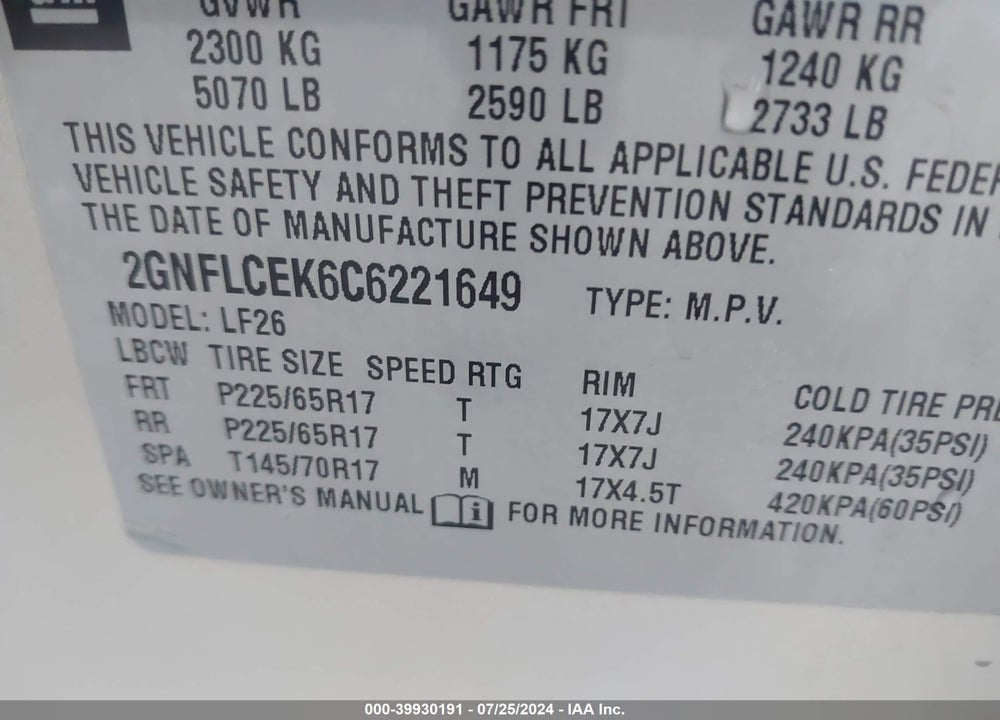 2012 CHEVROLET EQUINOX LS VIN: 2GNFLCEK6C6221649