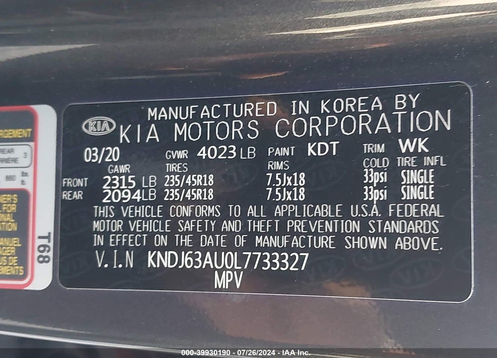 2020 KIA SOUL GT LINE VIN: KNDJ63AU0L7733327