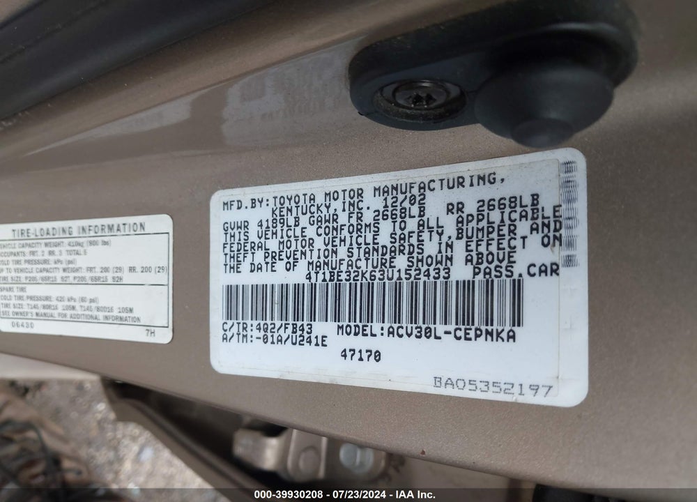 2003 TOYOTA CAMRY LE VIN: 4T1BE32K63U152433