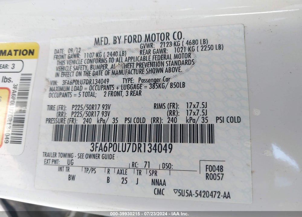 2013 FORD FUSION HYBRID SE VIN: 3FA6P0LU7DR134049