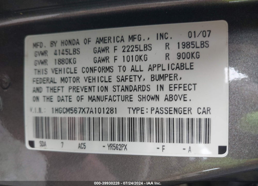 2007 HONDA ACCORD 2.4 EX VIN: 1HGCM567X7A101281