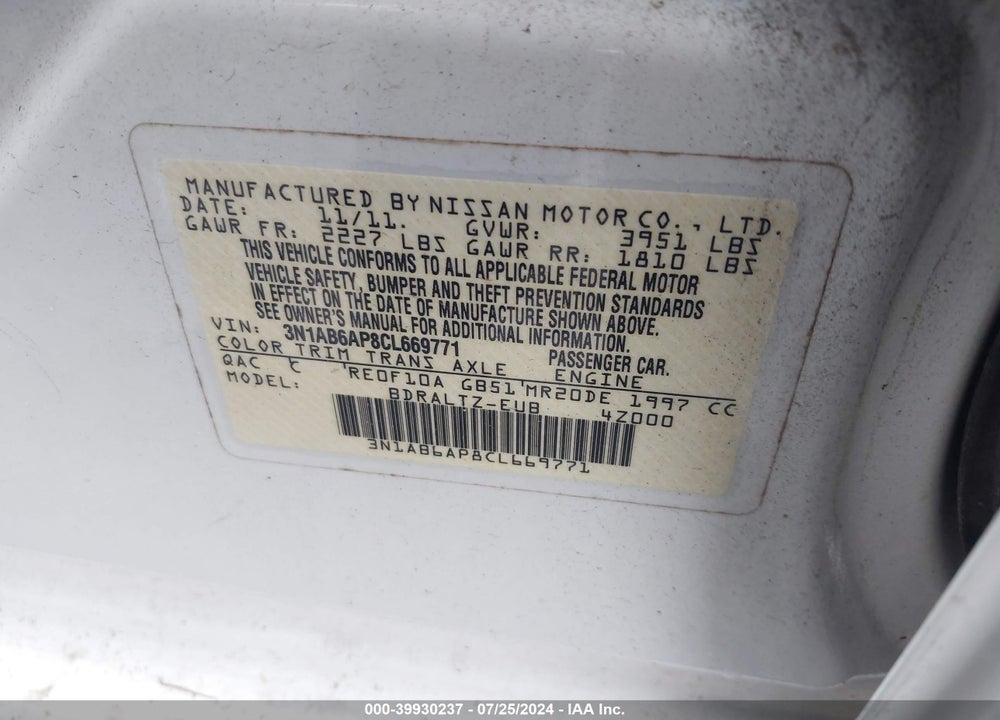 2012 NISSAN SENTRA VIN: 3N1AB6AP8CL669771