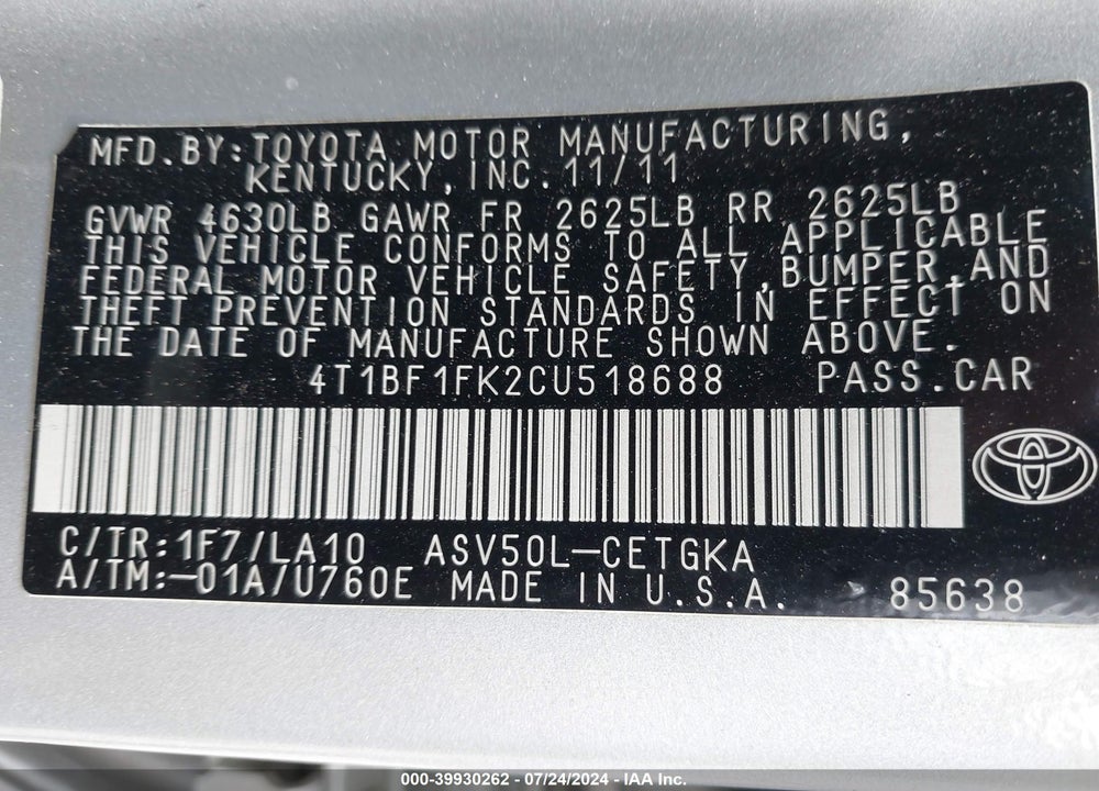 2012 TOYOTA CAMRY XLE VIN: 4T1BF1FK2CU518688
