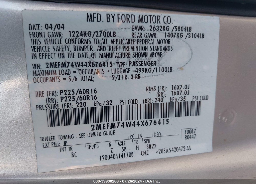 2004 MERCURY GRAND MARQUIS GS VIN: 2MEFM74W44X676415