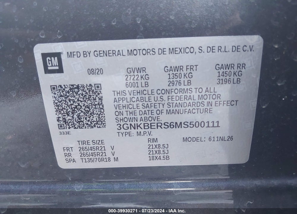 2021 CHEVROLET BLAZER FWD RS VIN: 3GNKBERS6MS500111