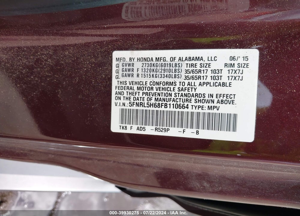 2015 HONDA ODYSSEY EX-L VIN: 5FNRL5H68FB110664