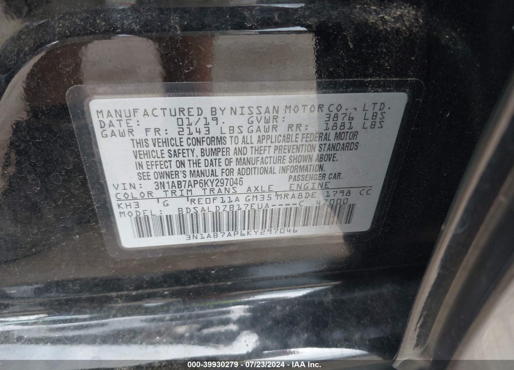 2019 NISSAN SENTRA SV VIN: 3N1AB7AP6KY297046