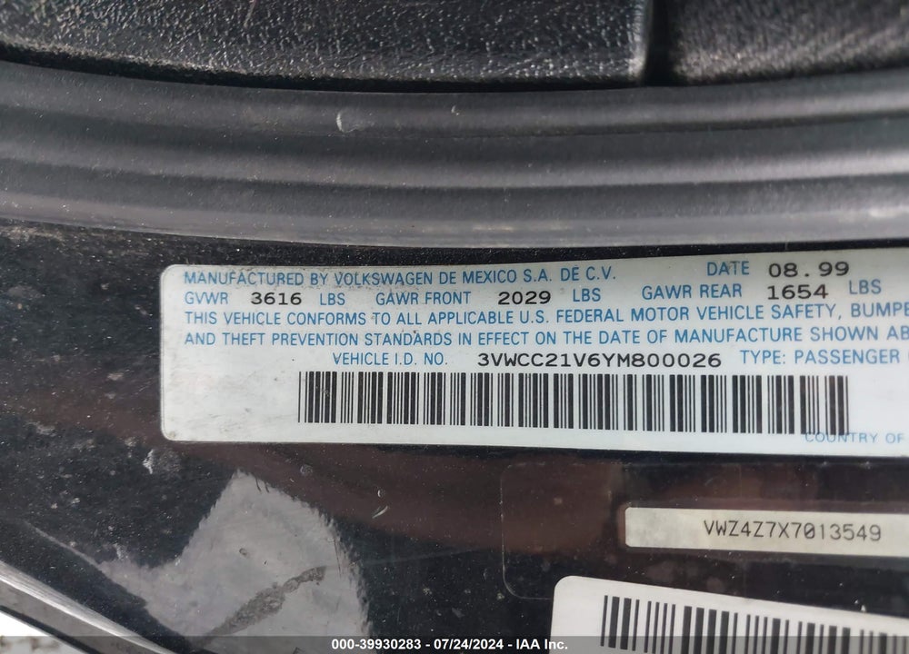 2000 VOLKSWAGEN CABRIO GL VIN: 3VWCC21V6YM800026