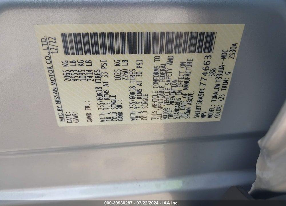 2023 NISSAN ROGUE SV FWD VIN: 5N1BT3BA9PC774663