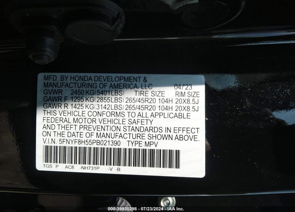 2023 HONDA PASSPORT AWD EX-L VIN: 5FNYF8H55PB021390
