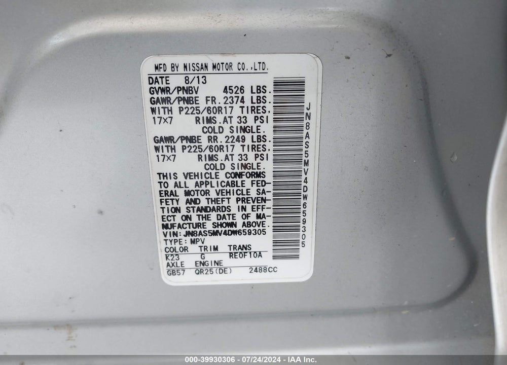 2013 NISSAN ROGUE SV VIN: JN8AS5MV4DW659305