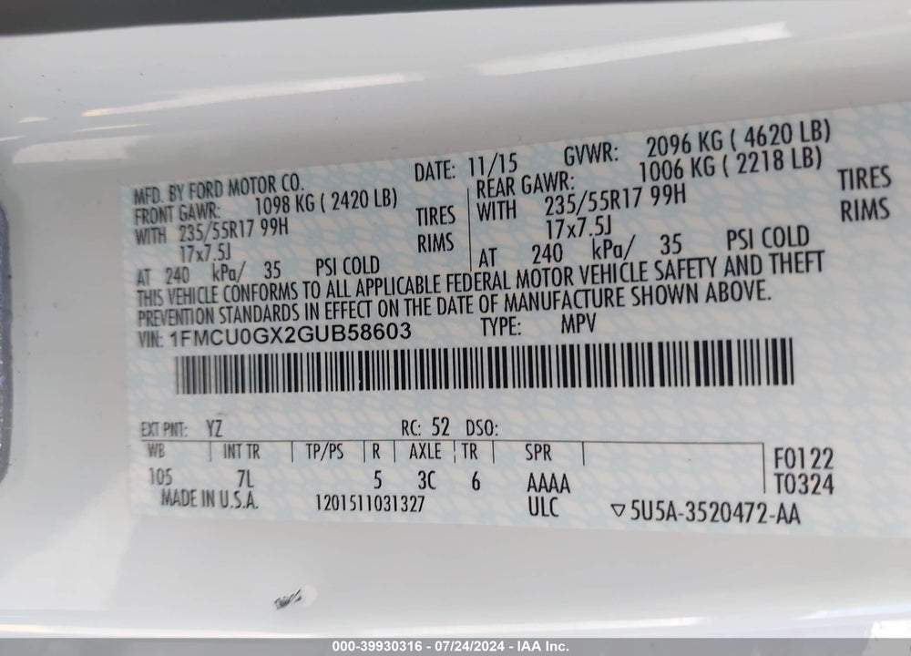 2016 FORD ESCAPE VIN: 1FMCU0GX2GUB58603