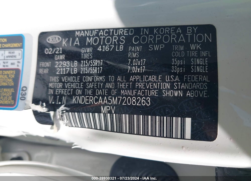 2021 KIA SELTOS EX VIN: KNDERCAA5M7208263