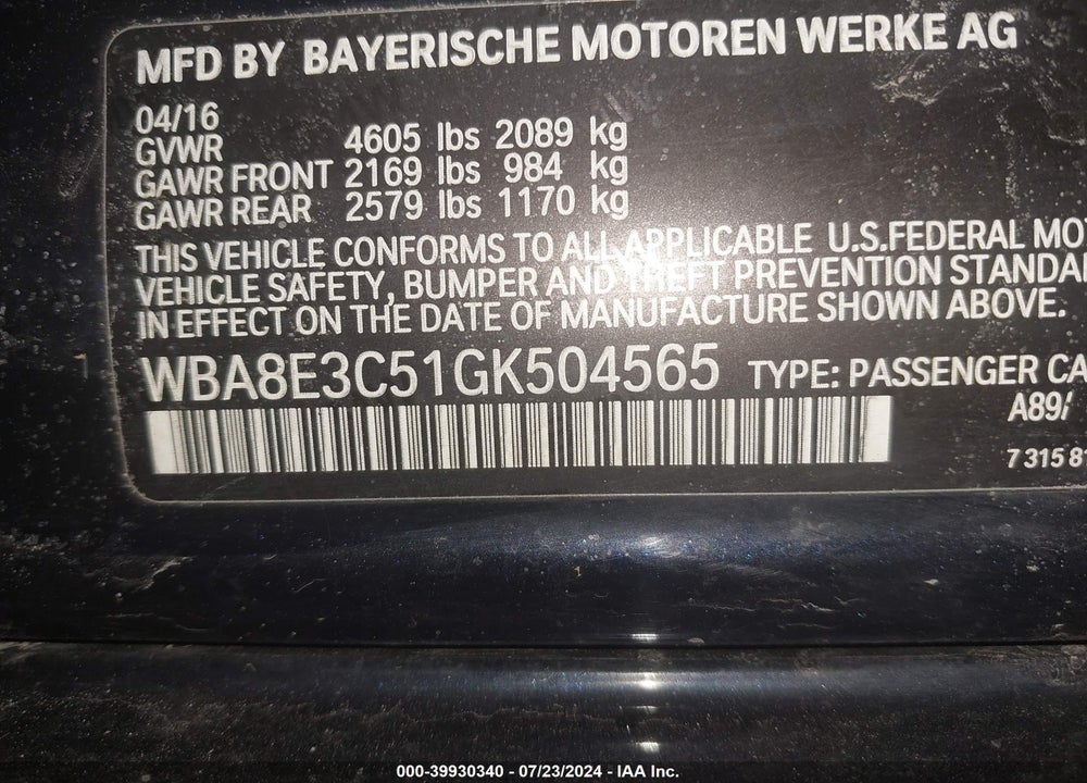 2016 BMW 328I XDRIVE VIN: WBA8E3C51GK504565