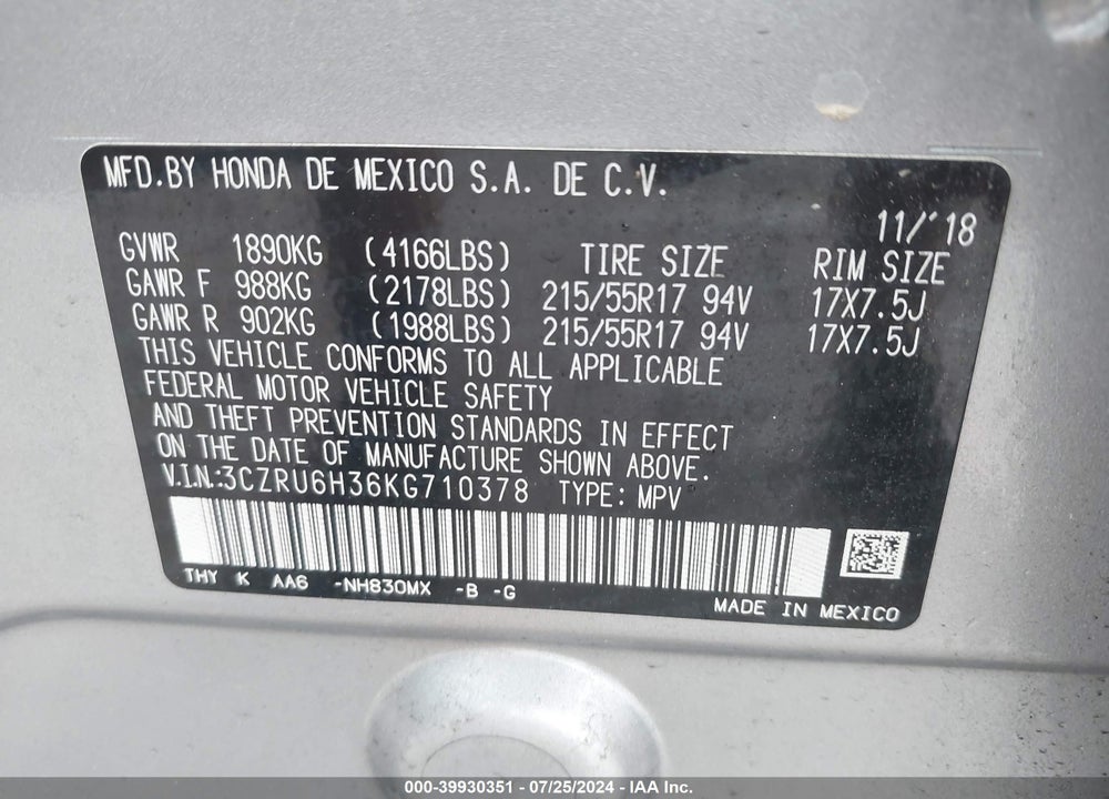 2019 HONDA HR-V LX VIN: 3CZRU6H36KG710378