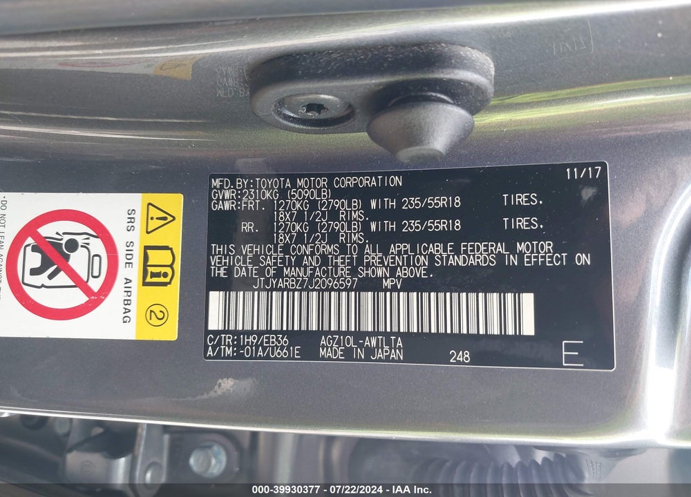 2018 LEXUS NX 300 F-SPORT VIN: JTJYARBZ7J2096597