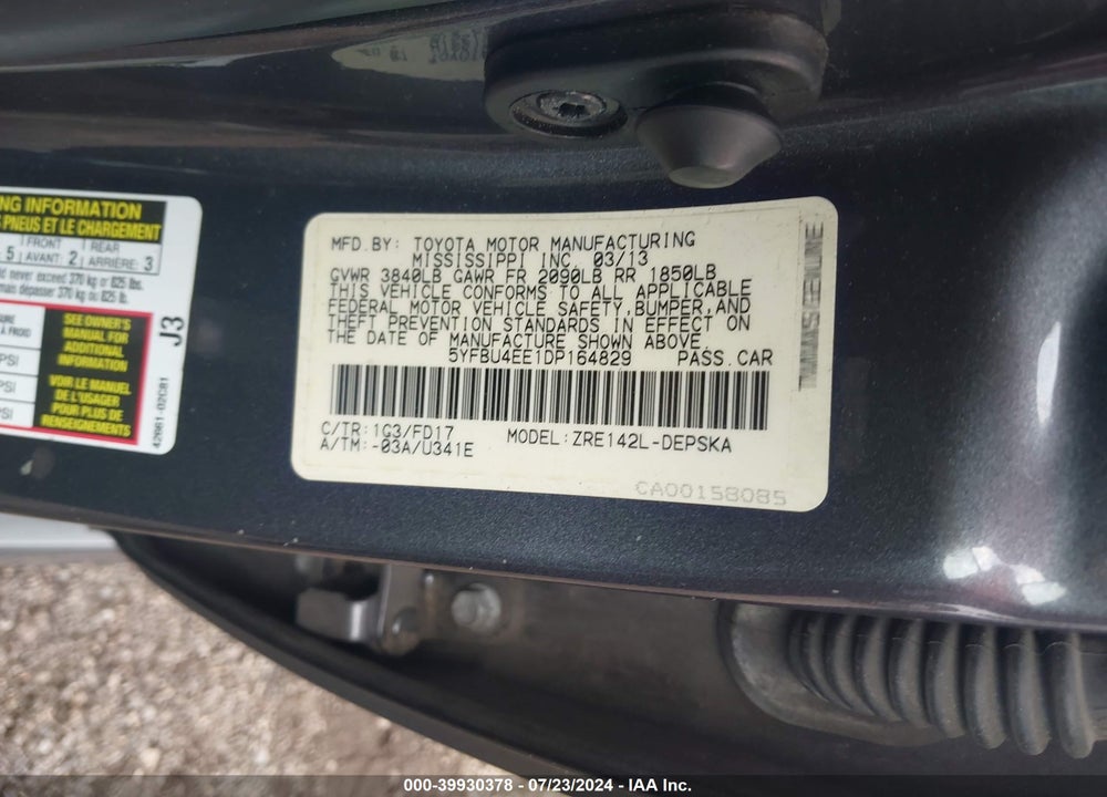 2013 TOYOTA COROLLA S VIN: 5YFBU4EE1DP164829