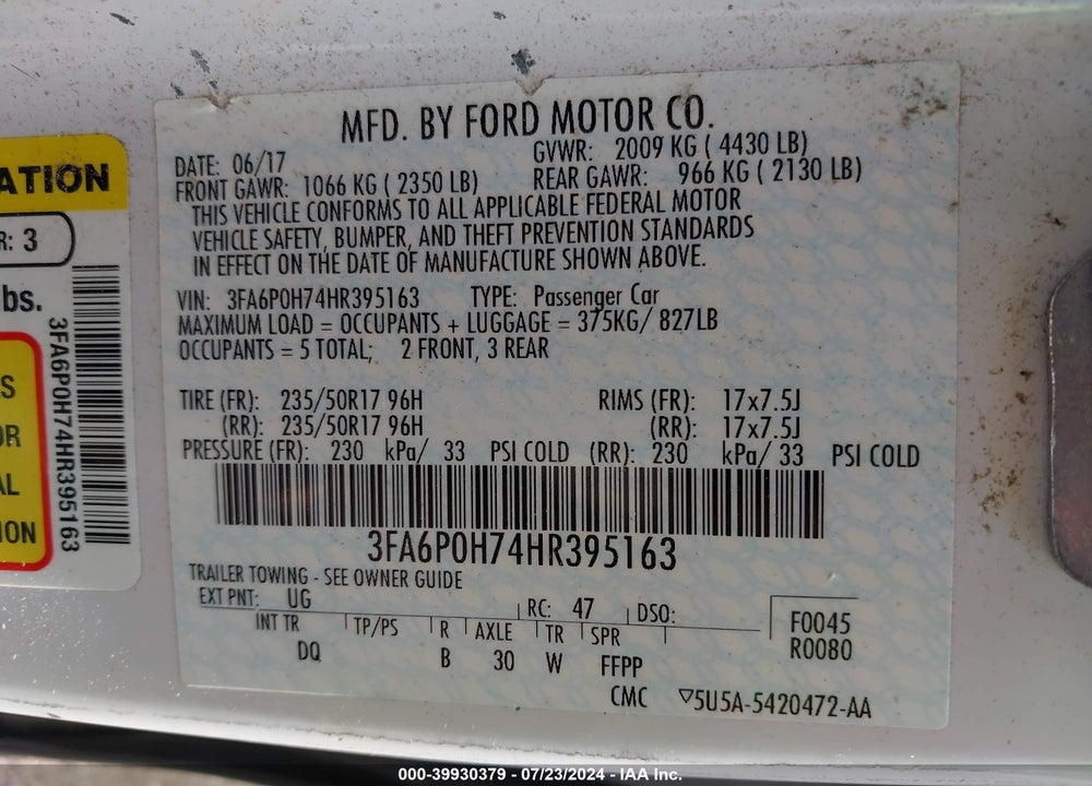 2017 FORD FUSION SE VIN: 3FA6P0H74HR395163