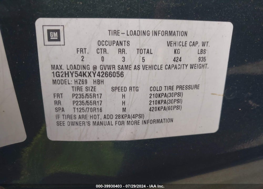 2000 PONTIAC BONNEVILLE SLE VIN: 1G2HY54KXY4266056