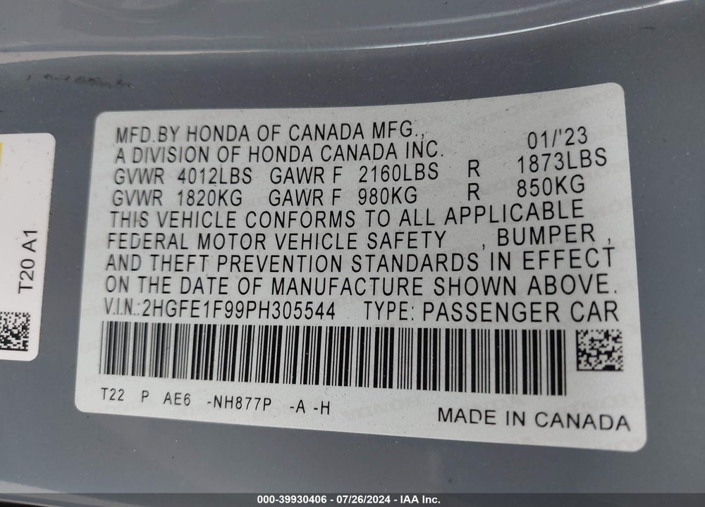 2023 HONDA CIVIC TOURING VIN: 2HGFE1F99PH305544
