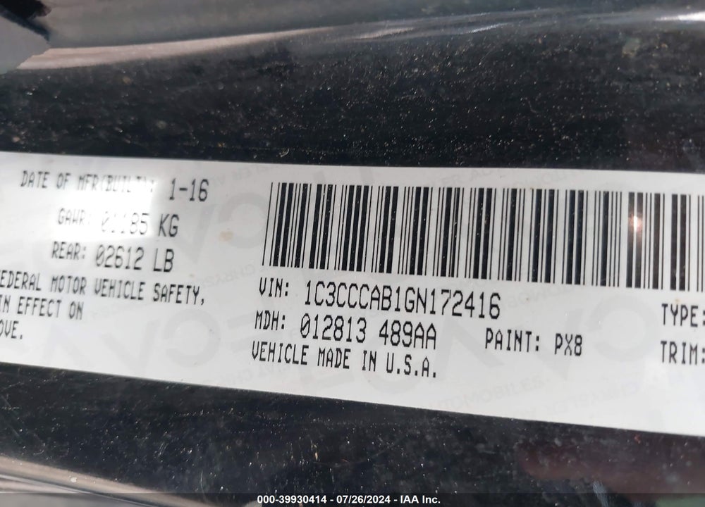 2016 CHRYSLER 200 VIN: 1C3CCCAB1GN172416