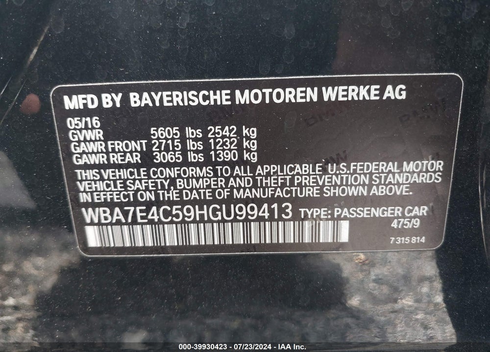 2017 BMW 740I XDRIVE VIN: WBA7E4C59HGU99413