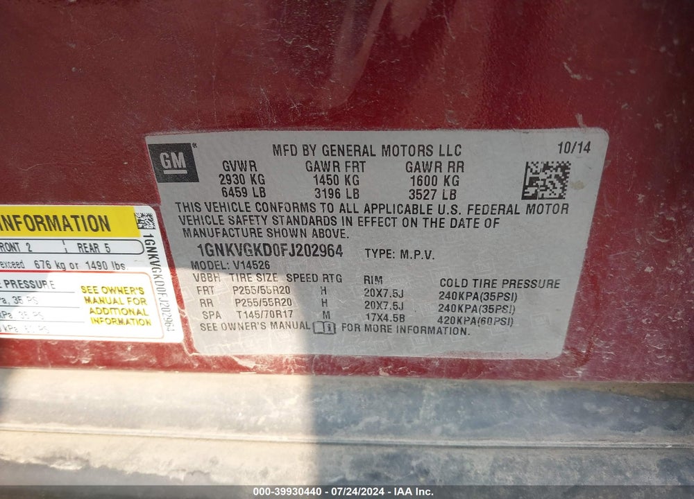 2015 CHEVROLET TRAVERSE 1LT VIN: 1GNKVGKD0FJ202964