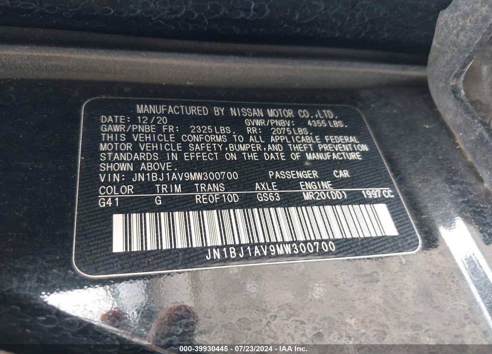 2021 NISSAN ROGUE SPORT S FWD XTRONIC CVT VIN: JN1BJ1AV9MW300700