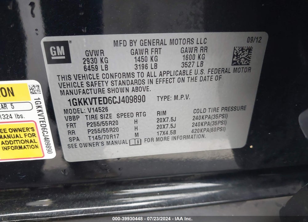 2012 GMC ACADIA DENALI VIN: 1GKKVTED6CJ409890