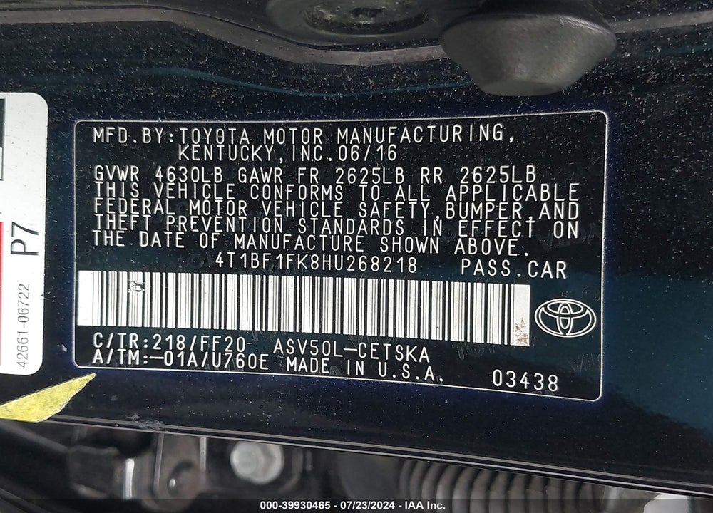 2017 TOYOTA CAMRY SE VIN: 4T1BF1FK8HU268218