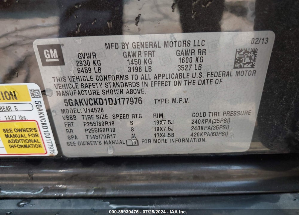 2013 BUICK ENCLAVE LEATHER VIN: 5GAKVCKD1DJ177976