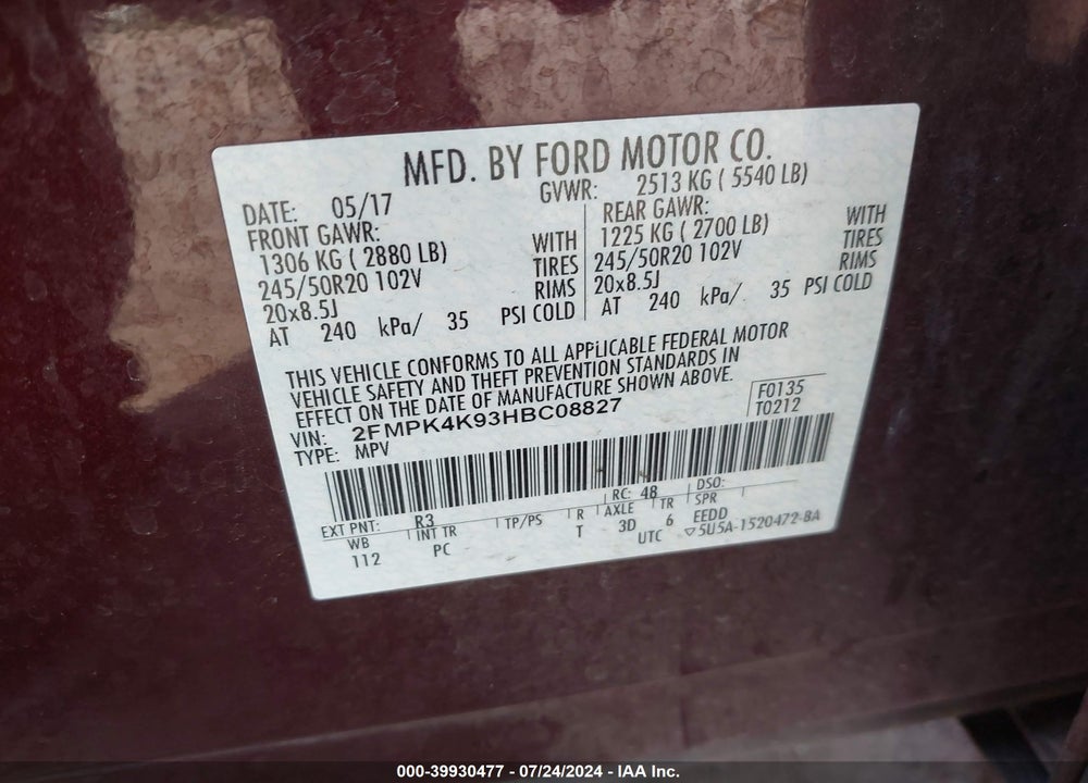 2017 FORD EDGE TITANIUM VIN: 2FMPK4K93HBC08827