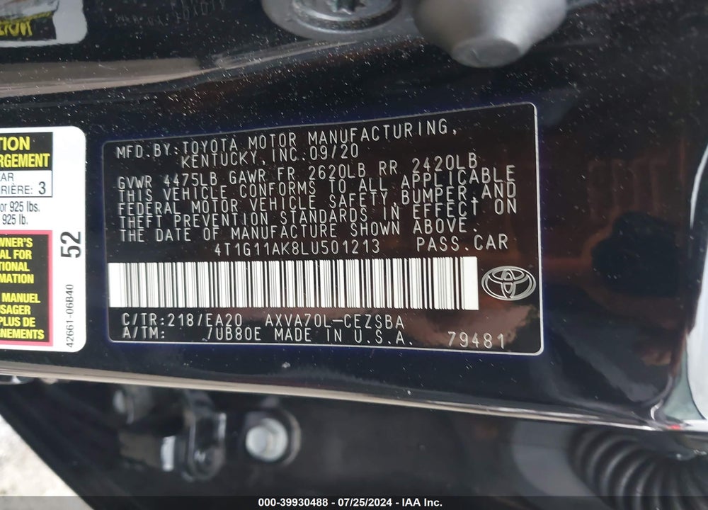 2020 TOYOTA CAMRY SE VIN: 4T1G11AK8LU501213