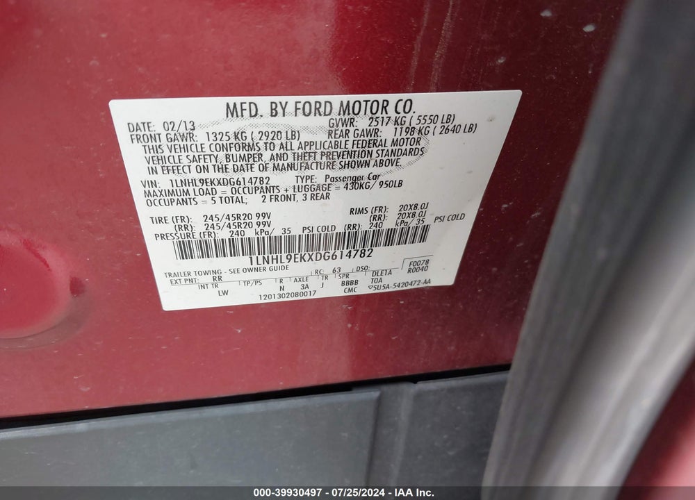 2013 LINCOLN MKS VIN: 1LNHL9EKXDG614782