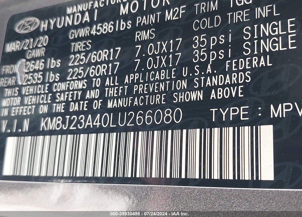 2020 HYUNDAI TUCSON SE VIN: KM8J23A40LU266080