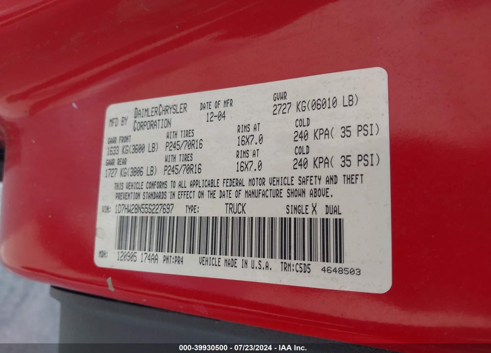 2005 DODGE DAKOTA ST VIN: 1D7HW28N55S227697