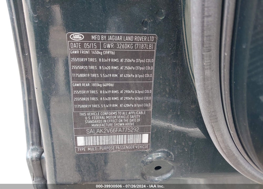 2015 LAND ROVER LR4 VIN: SALAK2V66FA775292