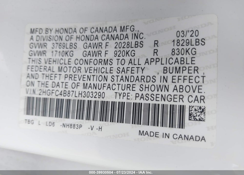 2020 HONDA CIVIC SPORT VIN: 2HGFC4B87LH303290