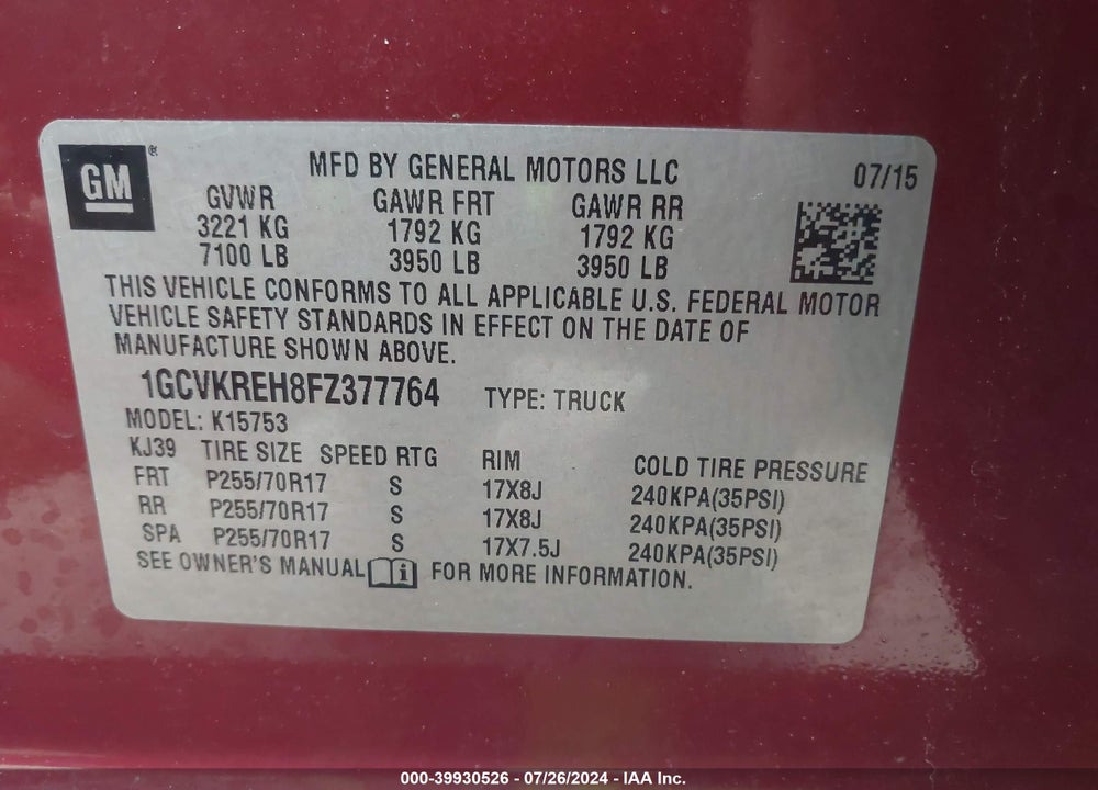 2015 CHEVROLET SILVERADO 1500 1LT VIN: 1GCVKREH8FZ377764