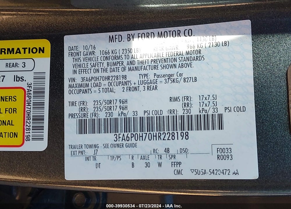 2017 FORD FUSION SE VIN: 3FA6P0H70HR228198