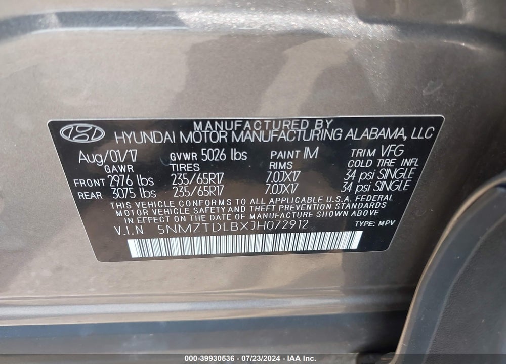 2018 HYUNDAI SANTA FE SPORT 2.4L VIN: 5NMZTDLBXJH072912