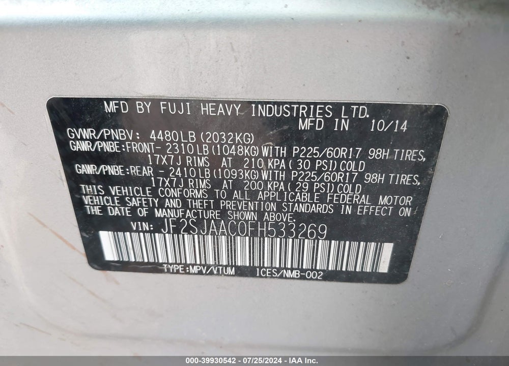 2015 SUBARU FORESTER 2.5I VIN: JF2SJAAC0FH533269