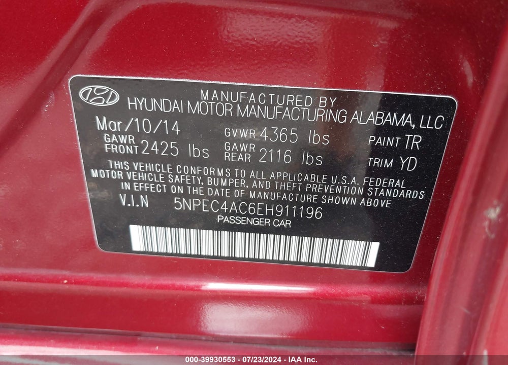 2014 HYUNDAI SONATA LIMITED VIN: 5NPEC4AC6EH911196
