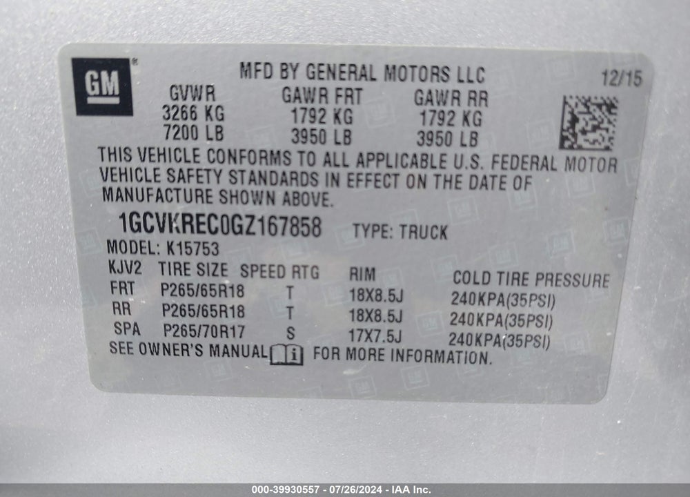 2016 CHEVROLET SILVERADO 1500 2LT VIN: 1GCVKREC0GZ167858