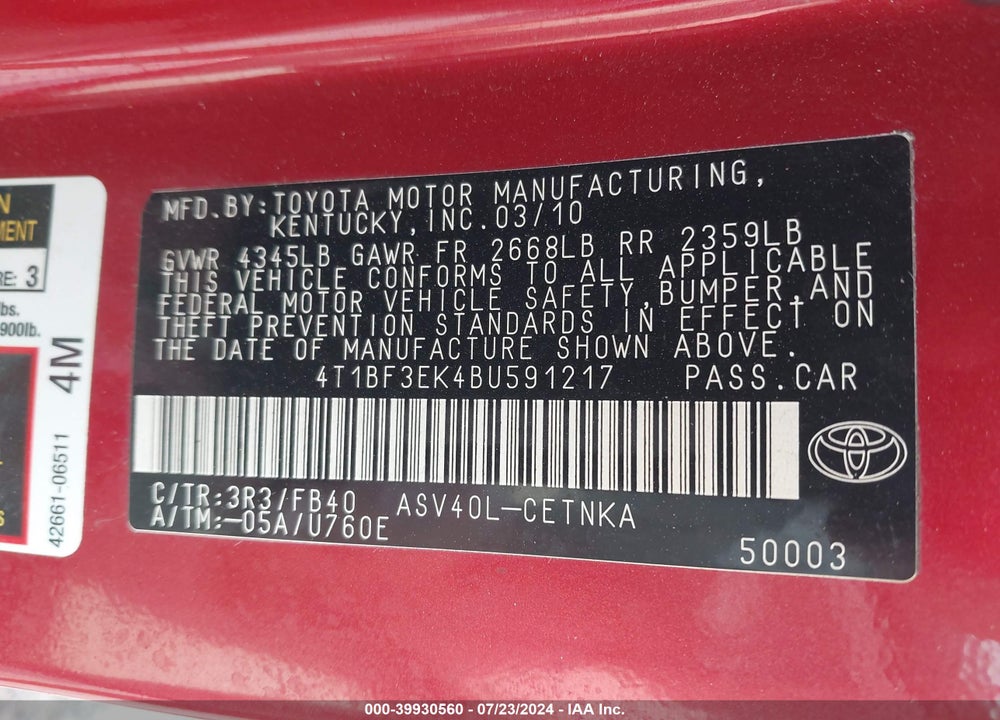 2011 TOYOTA CAMRY LE VIN: 4T1BF3EK4BU591217
