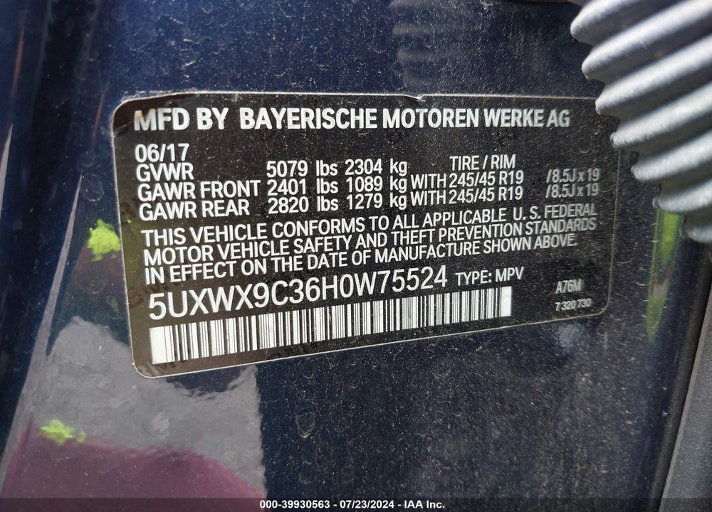 2017 BMW X3 XDRIVE28I VIN: 5UXWX9C36H0W75524