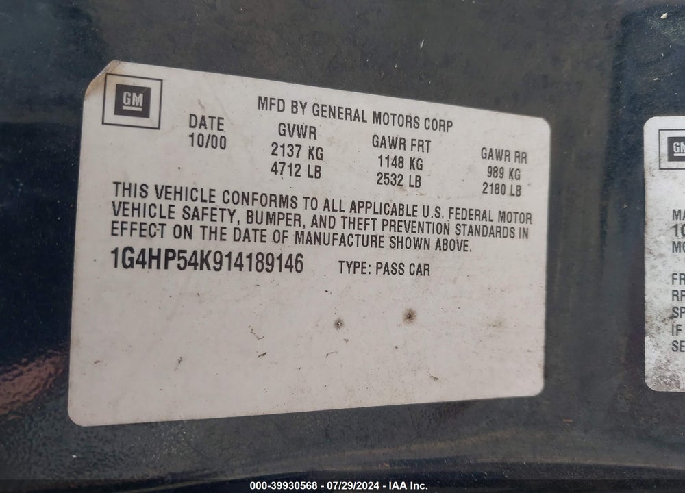 2001 BUICK LESABRE CUSTOM VIN: 1G4HP54K914189146