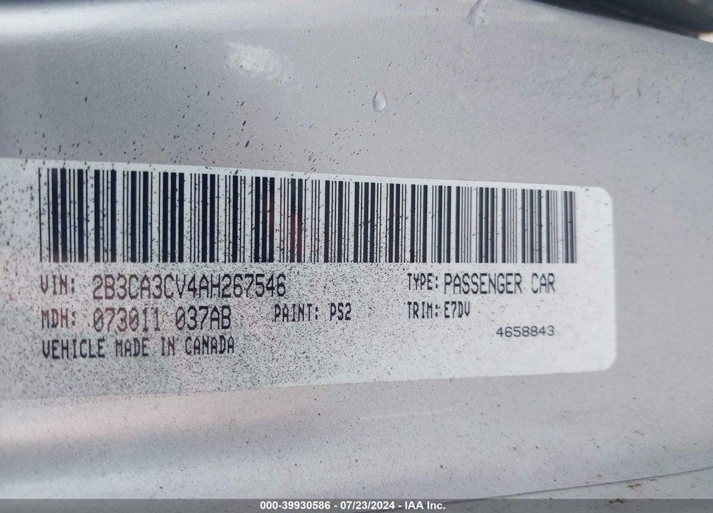 2010 DODGE CHARGER VIN: 2B3CA3CV4AH267546